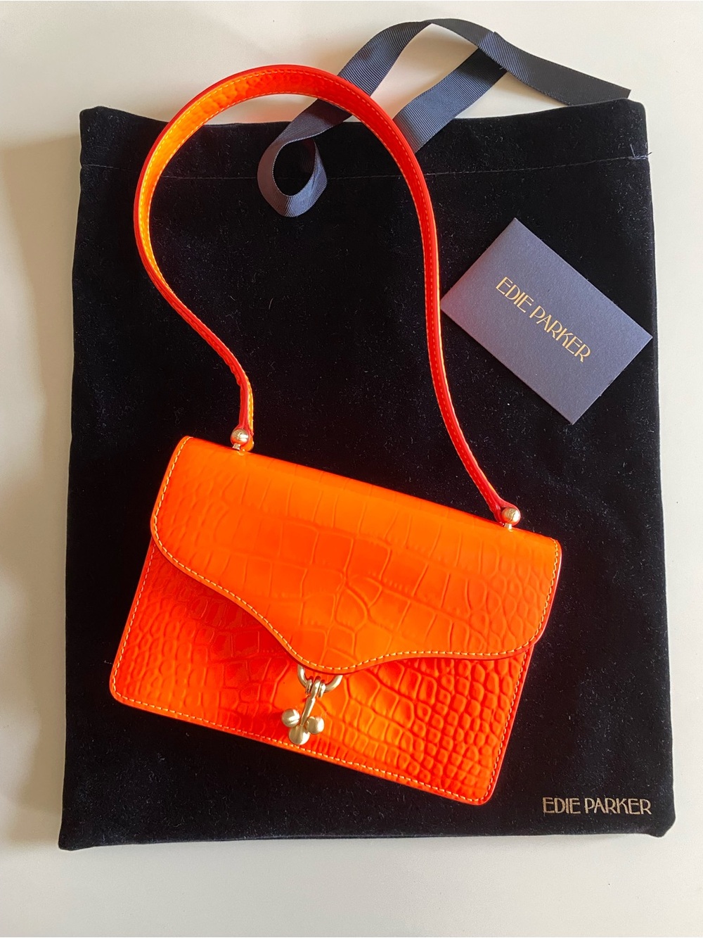Edie Parker Bright Orange Croc-Embossed Ballbuster Mini Shoulder Bag $595 retail